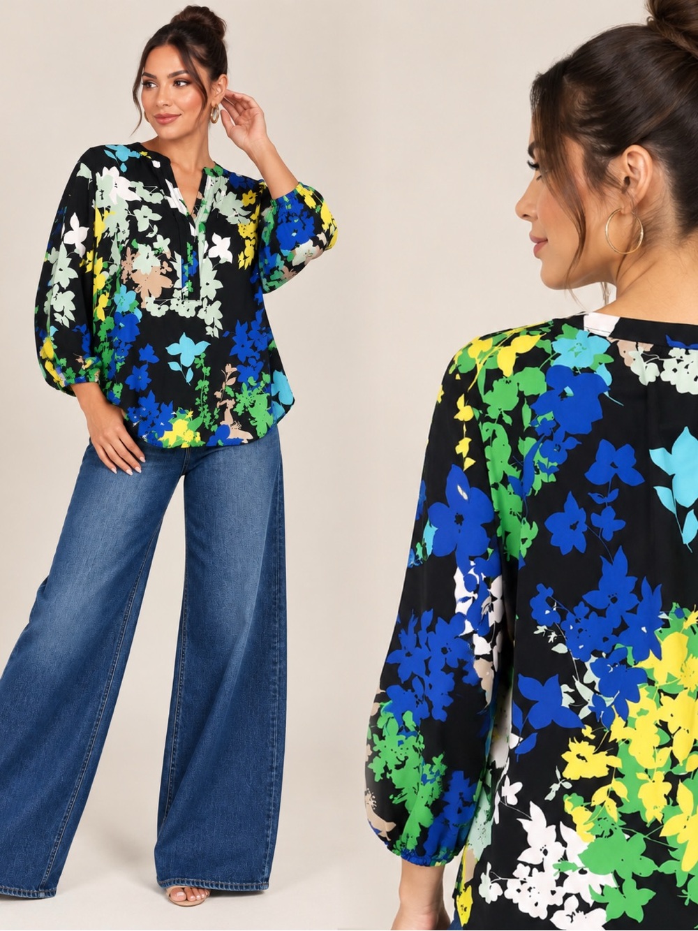 Dana Buchman Black Floral Split-Neck Blouse